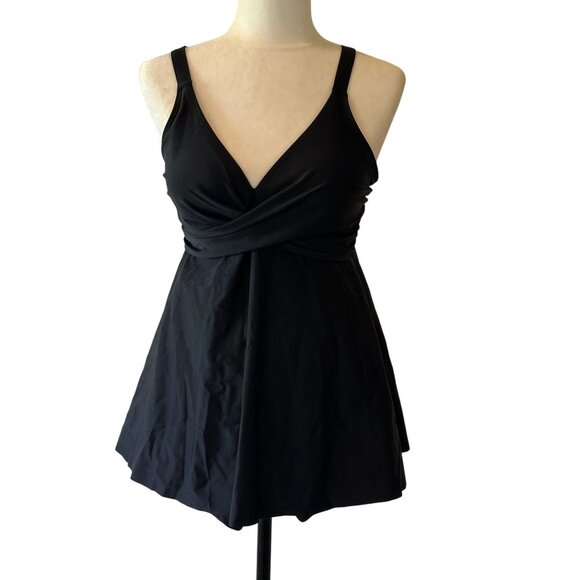 Black Twist-Front Tankini Swimdress Shorts Two Piece Set Womens Size L - Picture 1 of 10